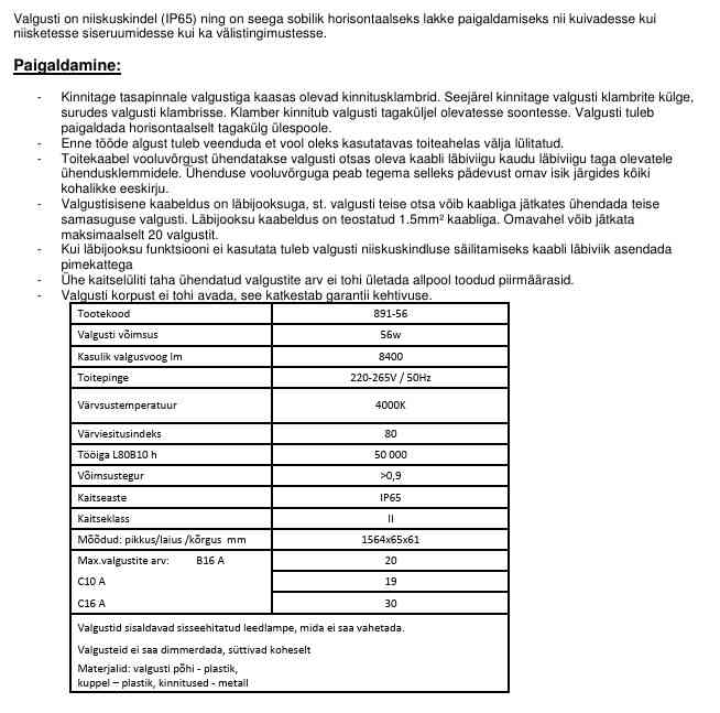 Valgusti LED 56W, IP65, 8400lm, 4000K 150cm - Image 2
